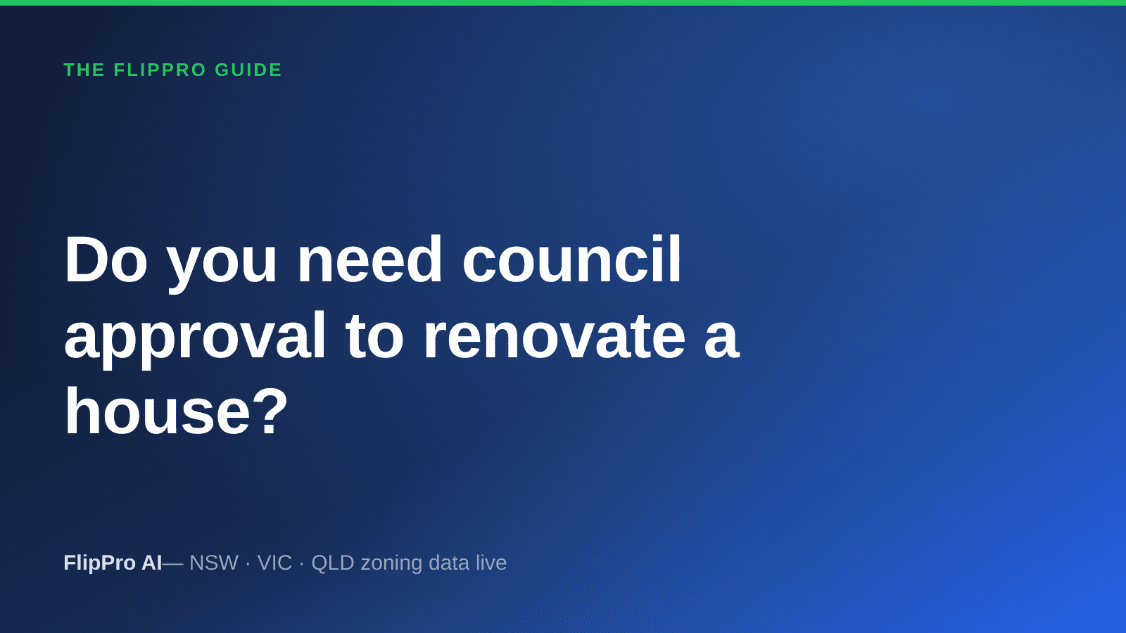 A half-renovated Australian weatherboard house with scaffolding and a skip bin out front, next to a council planning notice, representing the approval a flip renovation may need