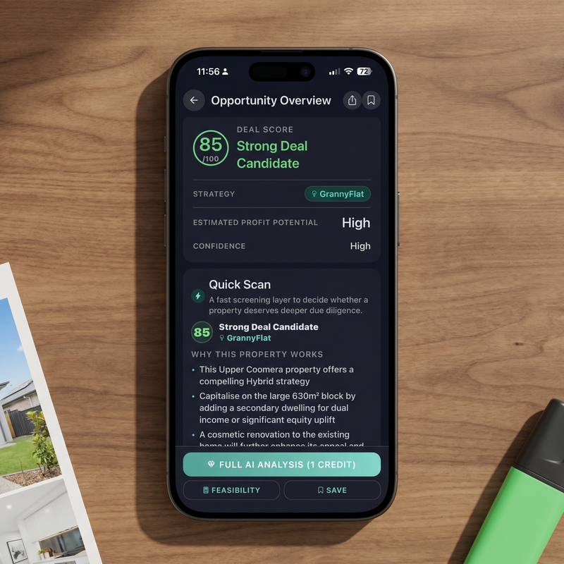 FlipPro AI Finder opportunity card showing a STRONG DEAL property scored 85 out of 100 with a recommended strategy and the headline numbers