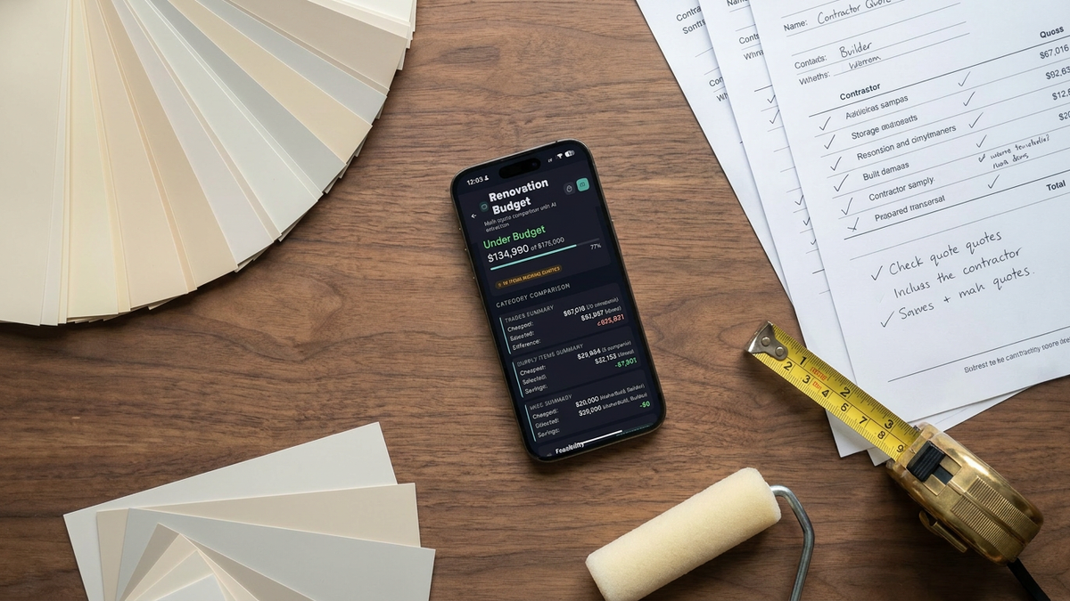 FlipPro AI Budget Tracker showing planned vs actual costs with the under-budget banner visible