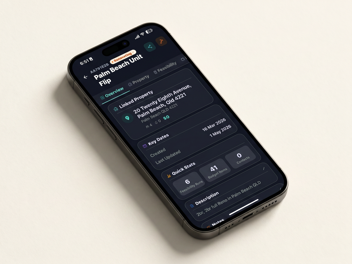 Phone showing a FlipPro project overview — bundled property, feasibility, budget, and contacts.